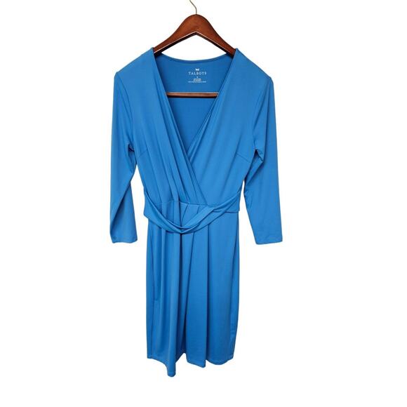 Talbots Faux Wrap Dress Size Small Empire Waist V Neck Blue Nylon Stretch - Picture 1 of 8
